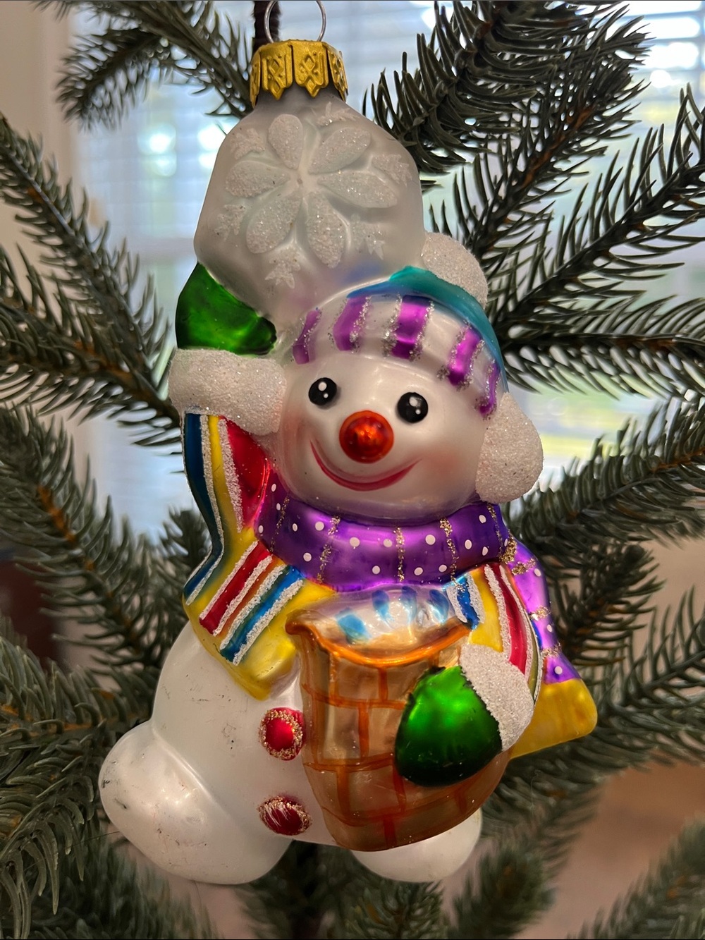 Vintage Blown Glass Hand Painted Snowman Ornament by O’well Holiday Christmas